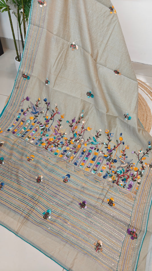 Handloom Silk Saree with Parsi Bullion handwork.