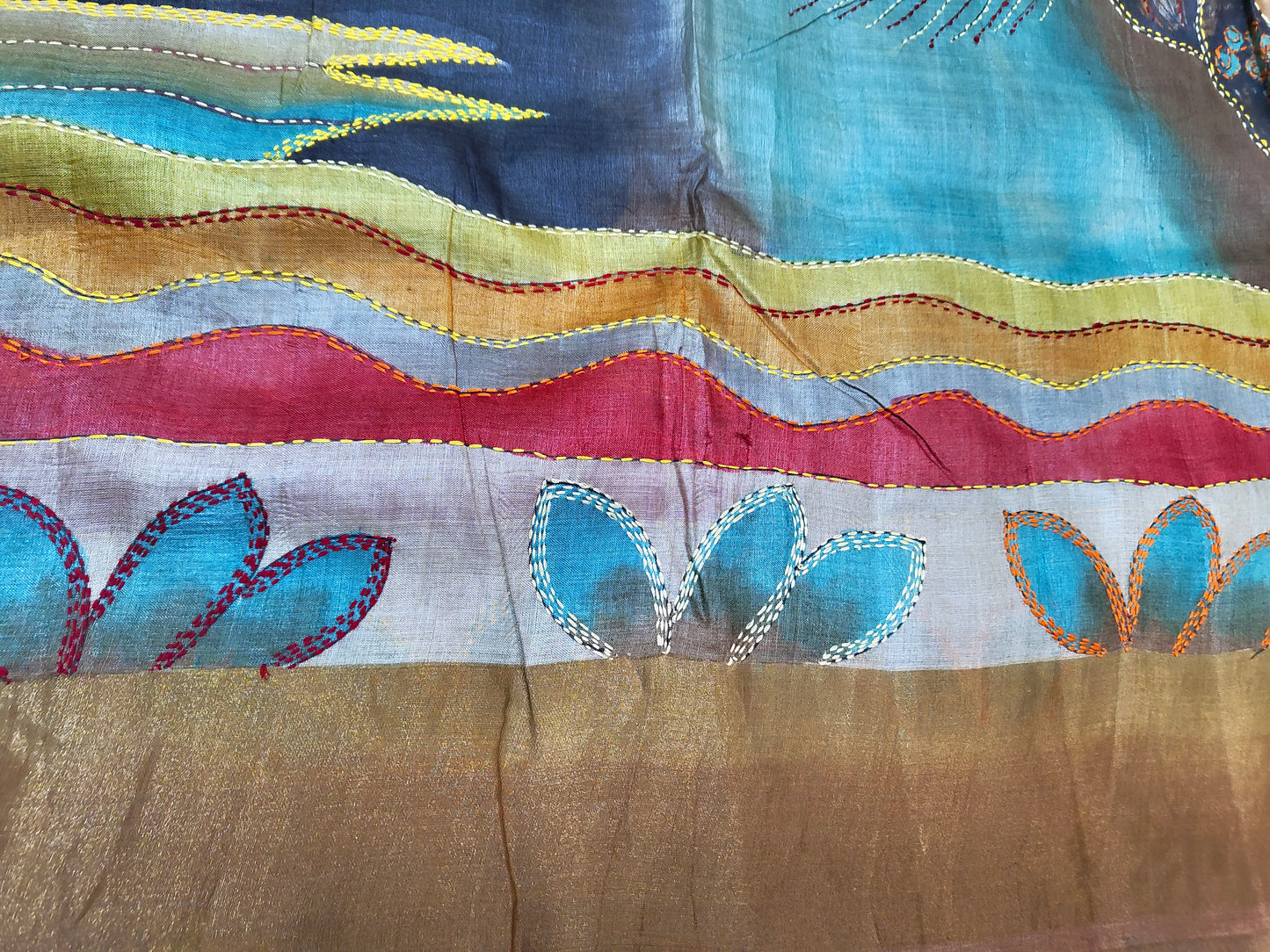 Sold out Pure Tussar Silk Hand-Painted Kantha Saree