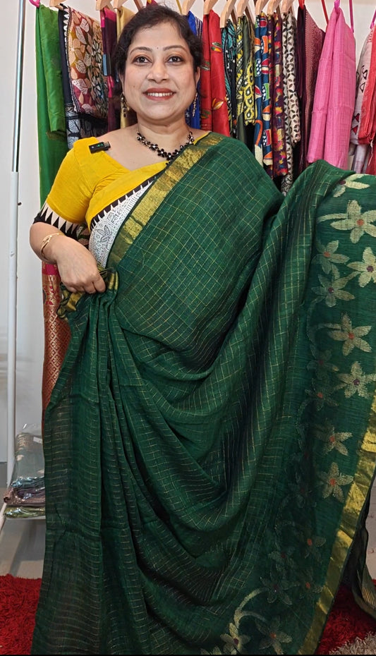 Handwoven Linen Jamdani Saree with Zari Check work