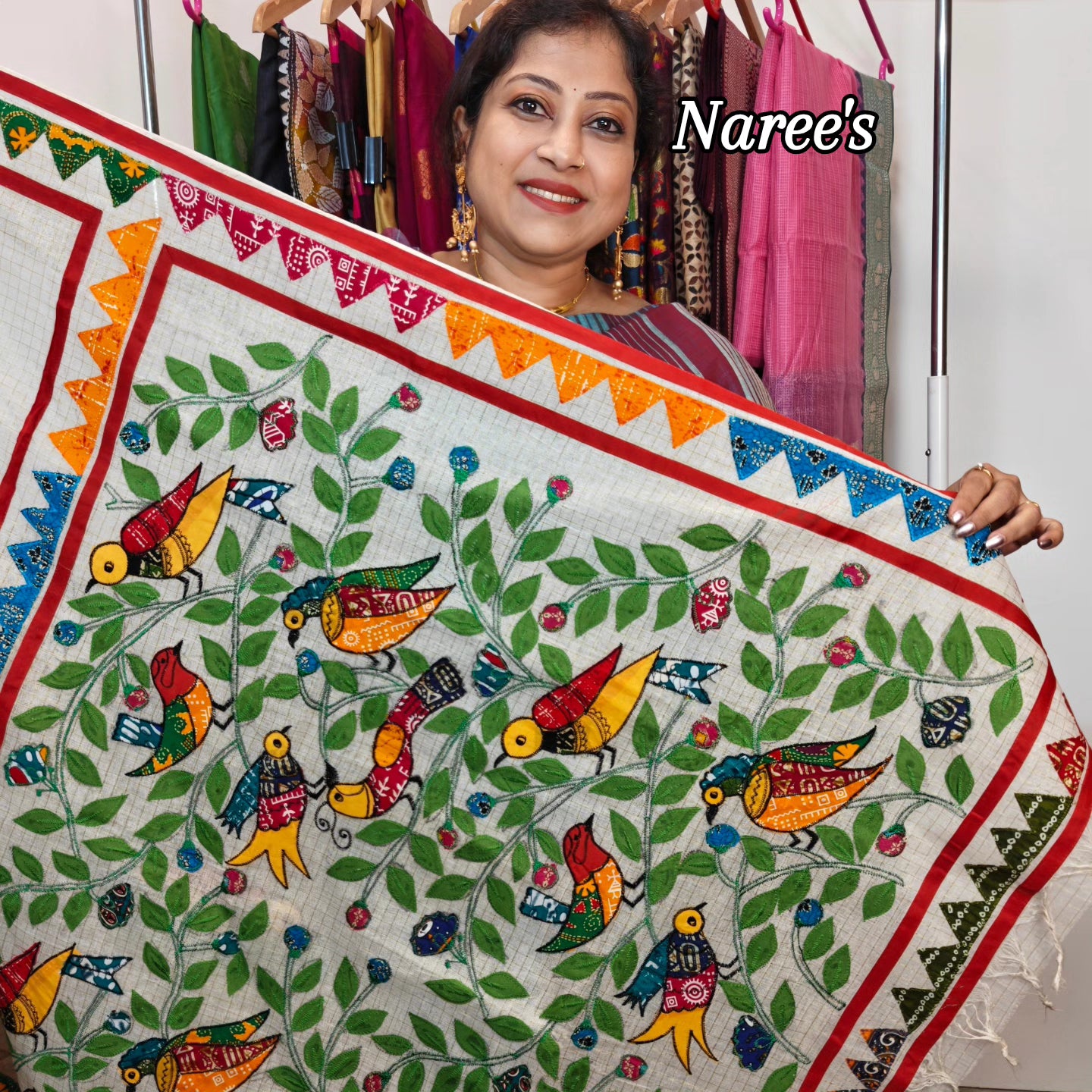 Authentic Pure Dhanekhali Zari Checker Cotton Applique work Saree