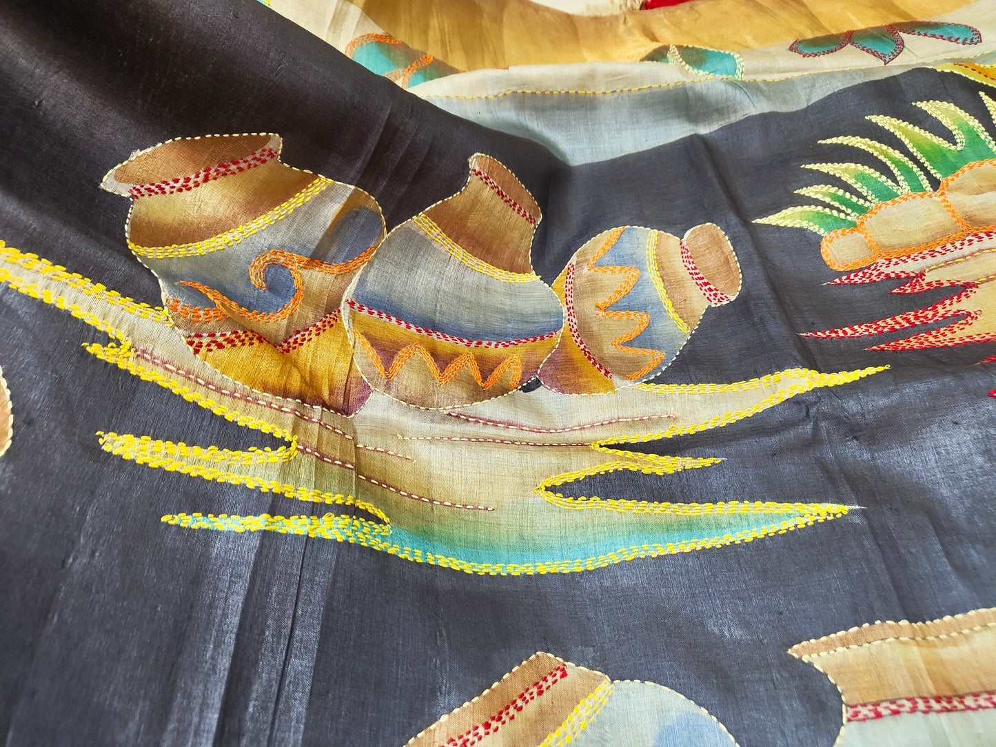 Sold out Pure Tussar Silk Hand-Painted Kantha Saree