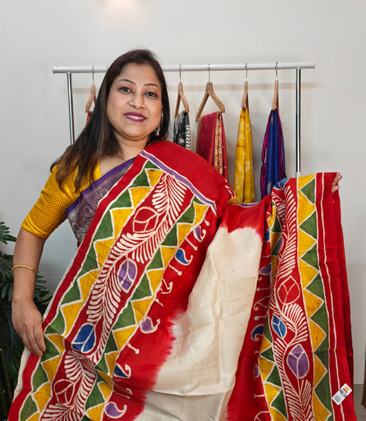 Sold out Pure Murshidabad 3-Ply Silk Hand painted Saree – Divine Grace of Durga Maa