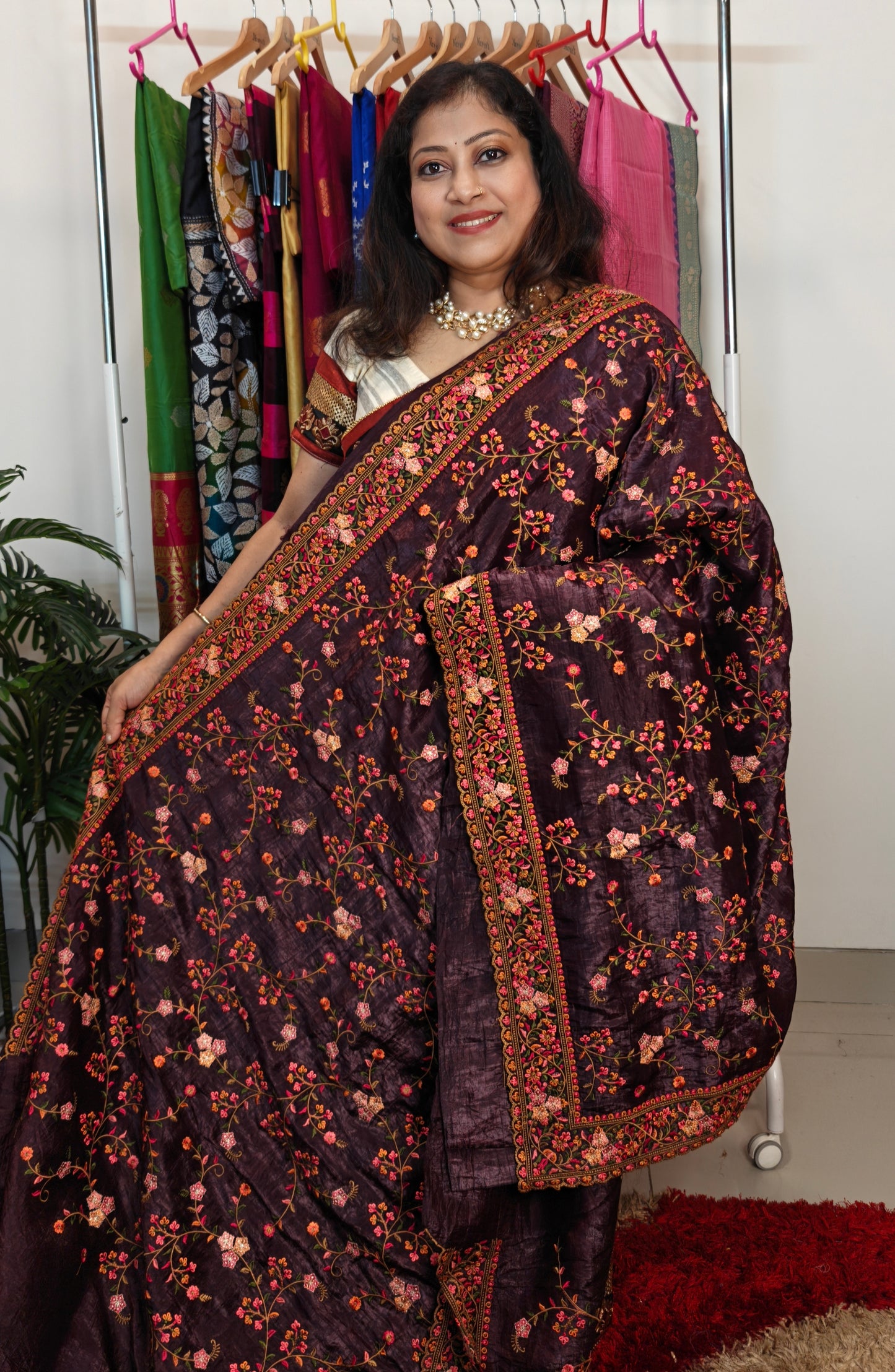 Glass Tissue Embroidered Saree – Wine-Hued Elegance for Your Special Day