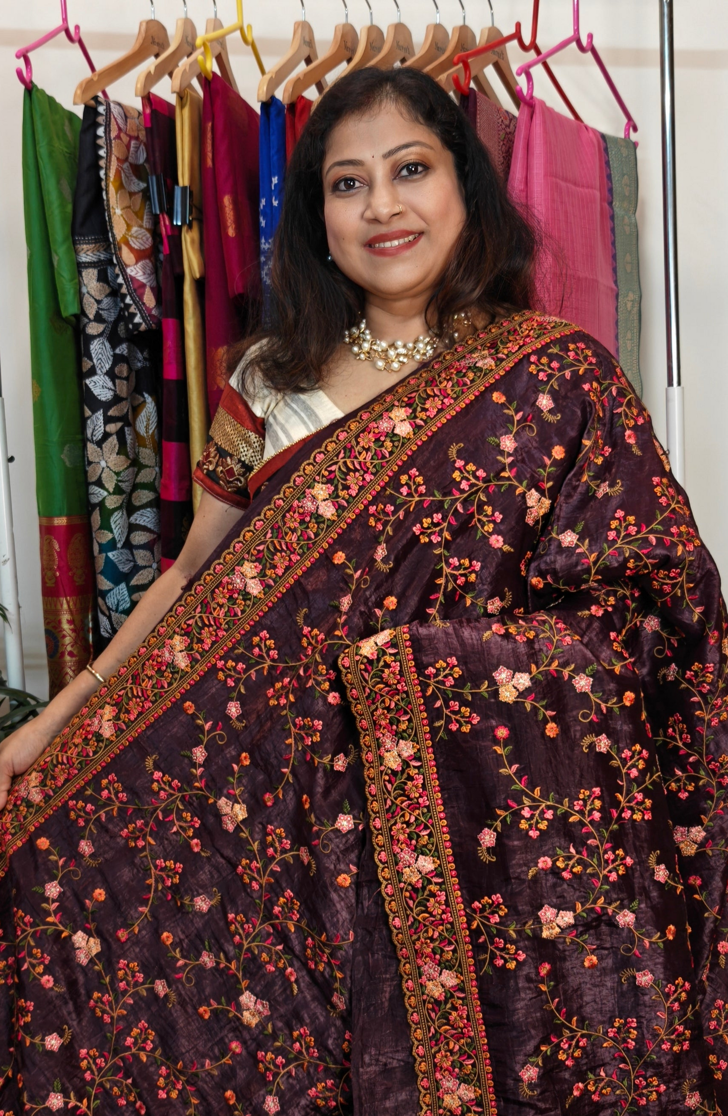 Glass Tissue Embroidered Saree – Wine-Hued Elegance for Your Special Day