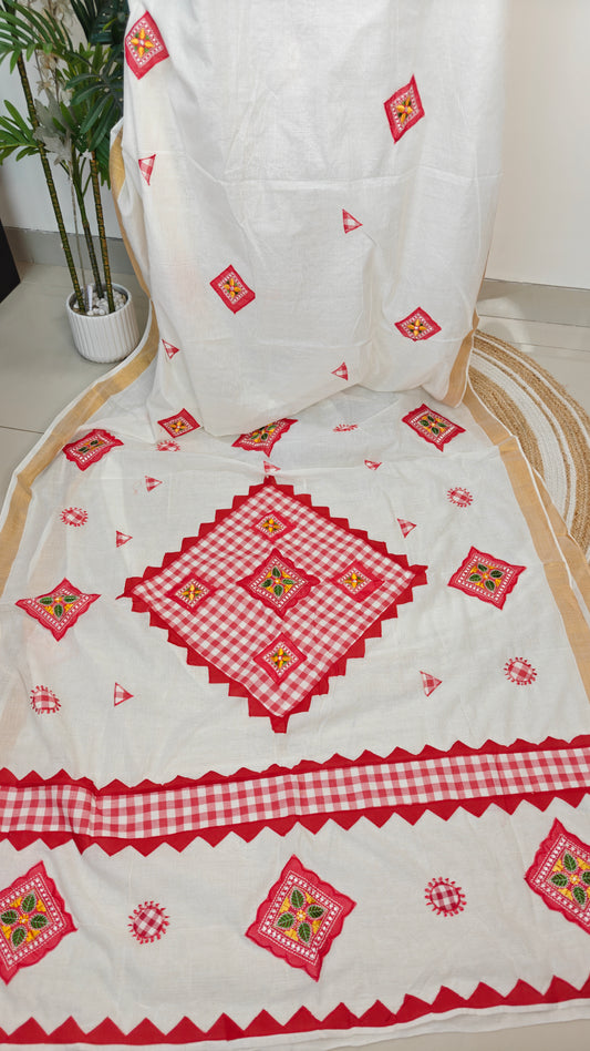 Authentic Pure Kerala Cotton Applique work Saree