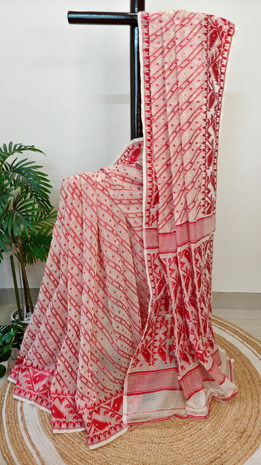 Bengal Soft Jamdani Saree Red and white combination