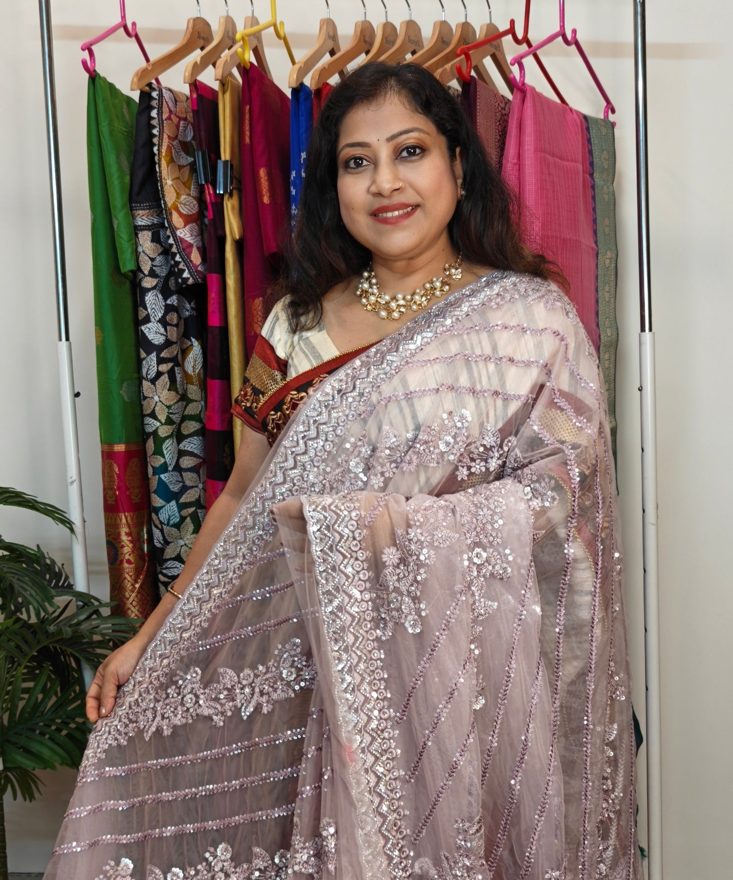 Party Wear Super Net Light Lavender Saree