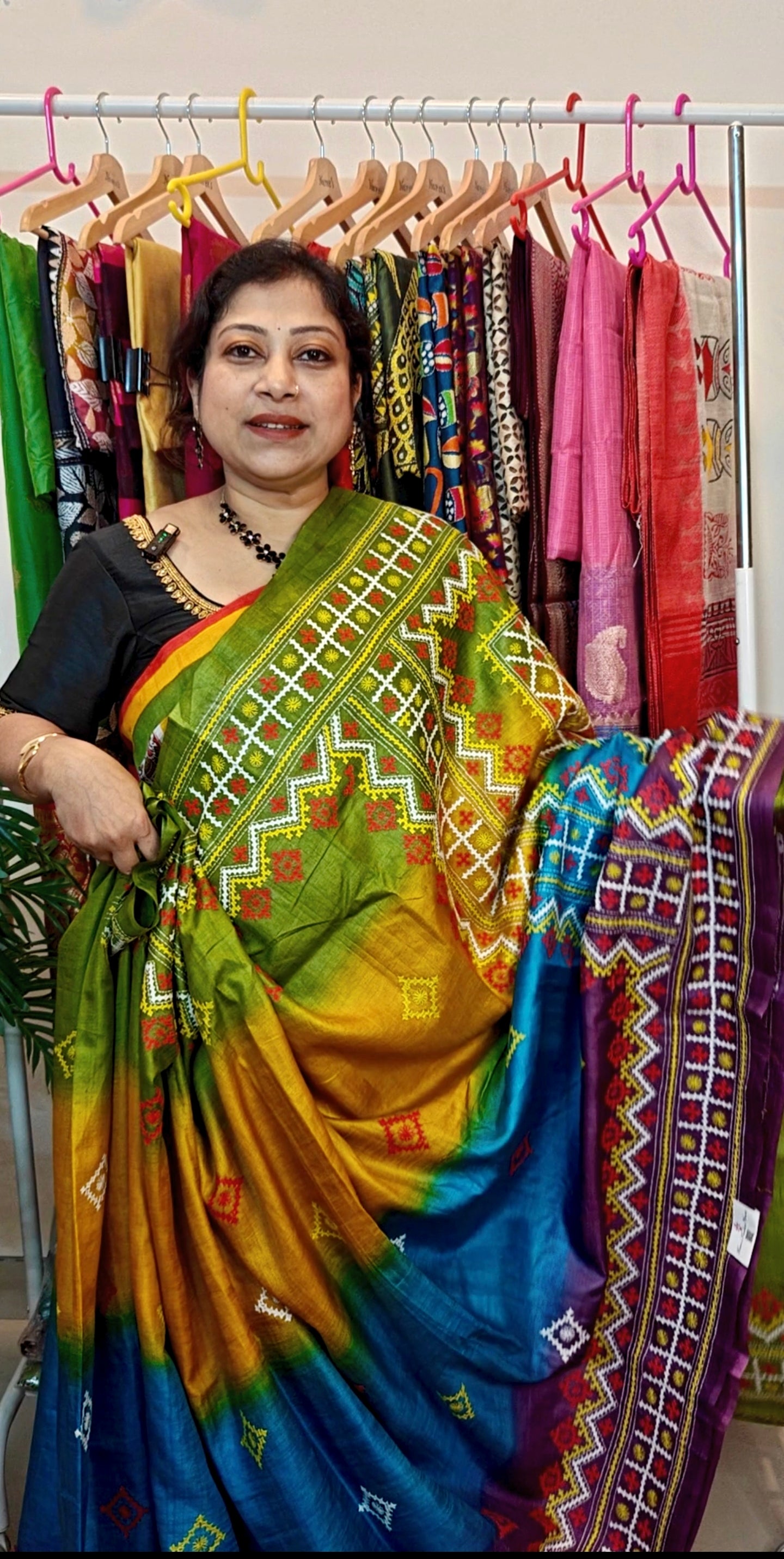 Sold out Pure Tussar Gachi Silk Kantha Saree with Vibrant Dye and Handcrafted Gujarati Embroidery