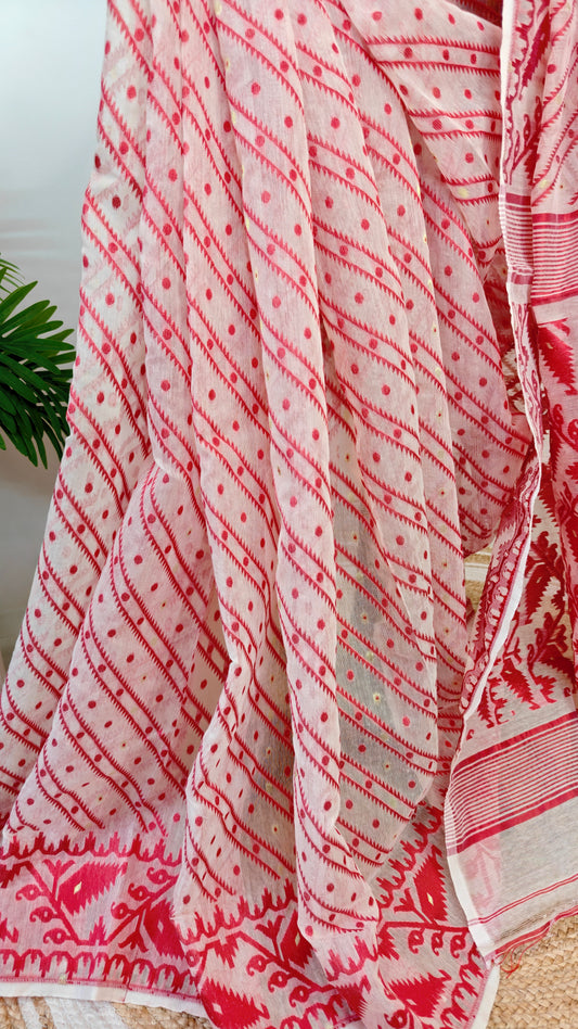 Bengal Soft Jamdani Saree Red and white combination