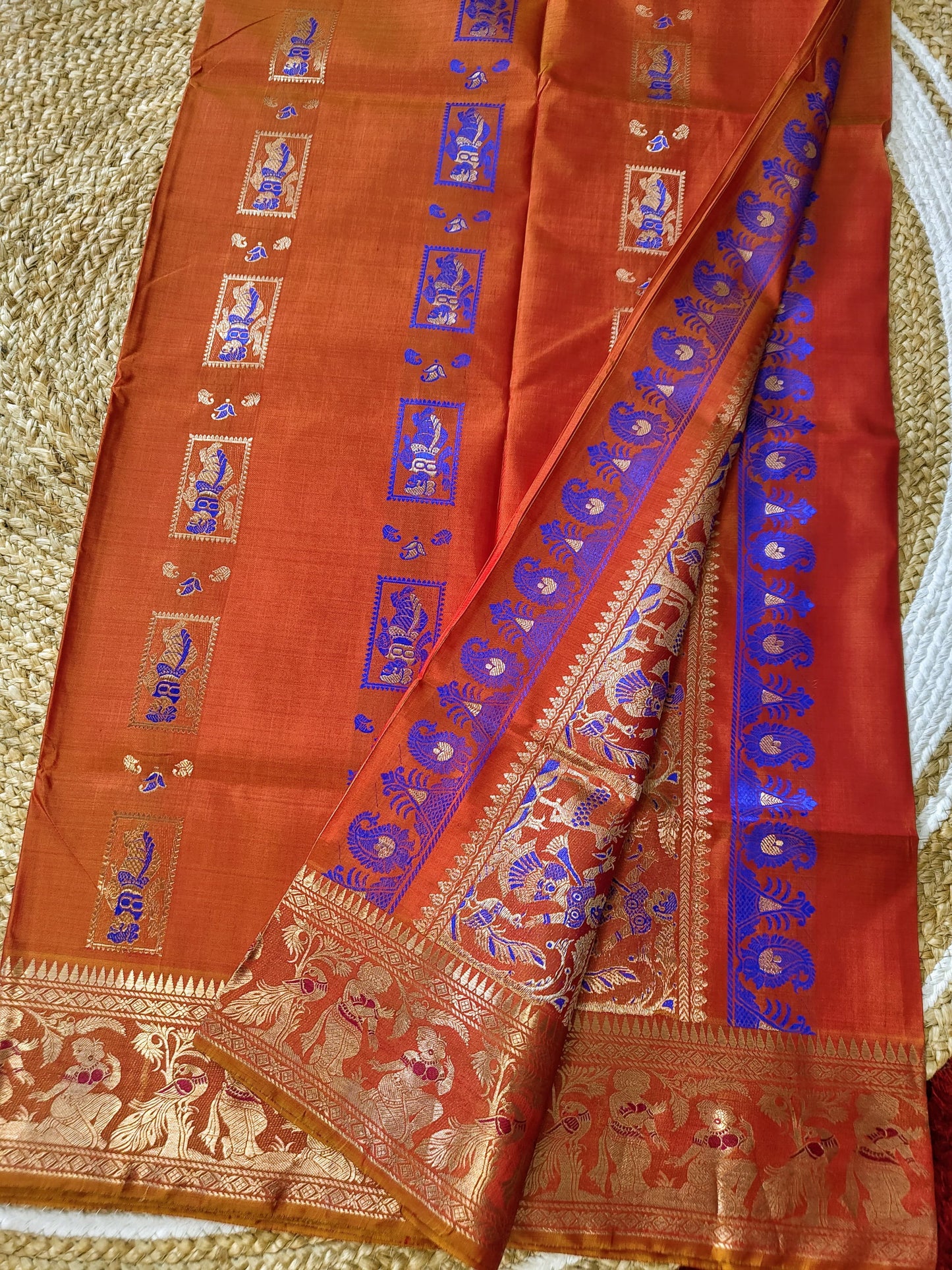 Sold out Pure Swarnachari Saree 3-Ply Bishnpuri Silk Saree in Rust colour with Golden Zari and Blue Reshom Minakari Work, Dual-Tone, -Sold in Bangalore