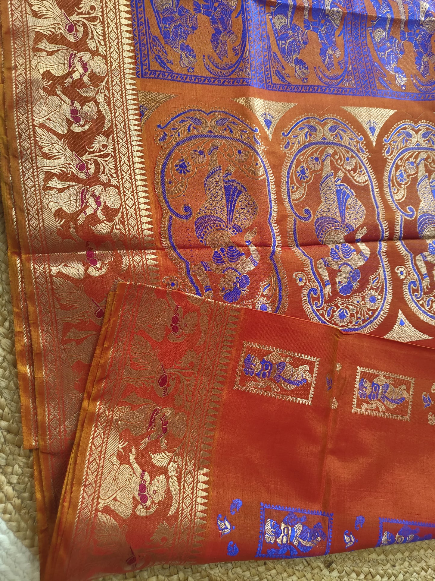 Sold out Pure Swarnachari Saree 3-Ply Bishnpuri Silk Saree in Rust colour with Golden Zari and Blue Reshom Minakari Work, Dual-Tone, -Sold in Bangalore