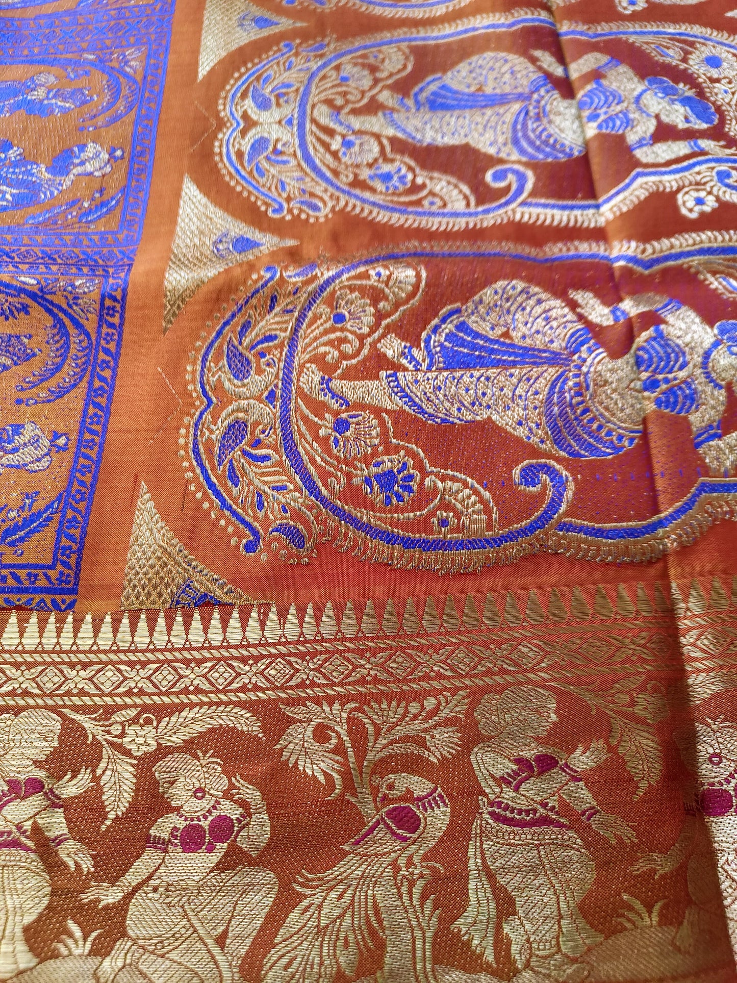 Sold out Pure Swarnachari Saree 3-Ply Bishnpuri Silk Saree in Rust colour with Golden Zari and Blue Reshom Minakari Work, Dual-Tone, -Sold in Bangalore