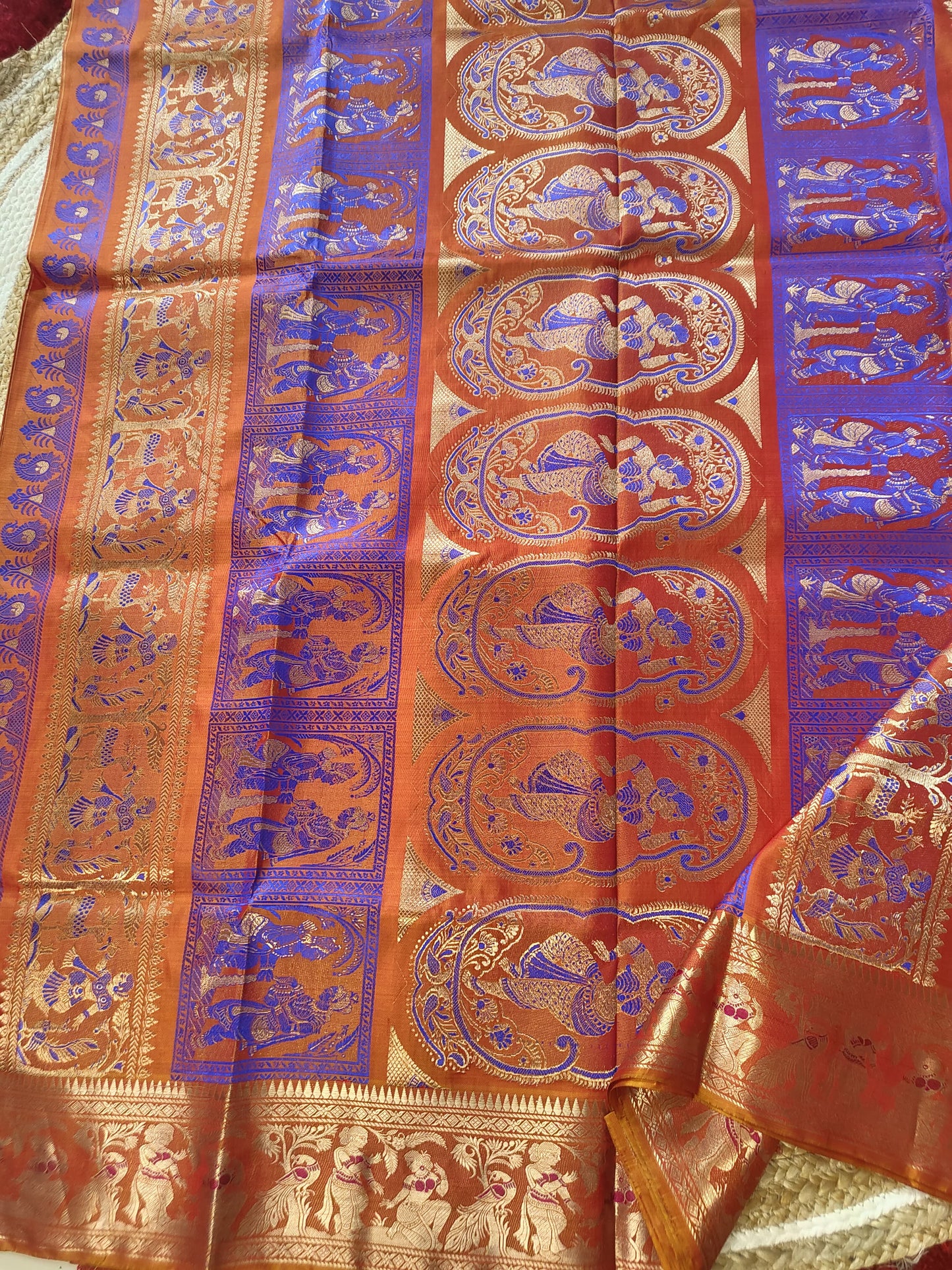 Sold out Pure Swarnachari Saree 3-Ply Bishnpuri Silk Saree in Rust colour with Golden Zari and Blue Reshom Minakari Work, Dual-Tone, -Sold in Bangalore