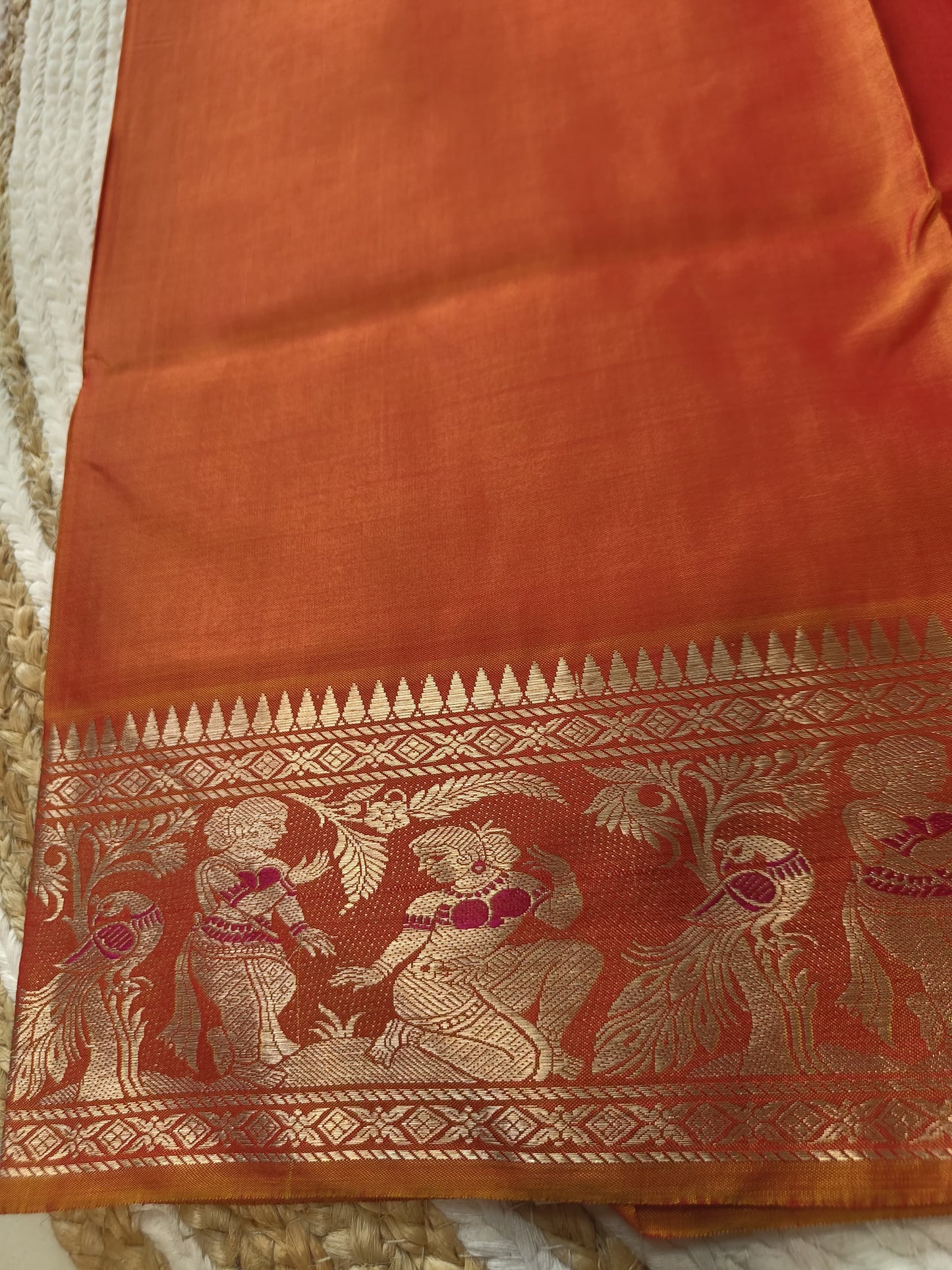 Sold out Pure Swarnachari Saree 3-Ply Bishnpuri Silk Saree in Rust colour with Golden Zari and Blue Reshom Minakari Work, Dual-Tone, -Sold in Bangalore