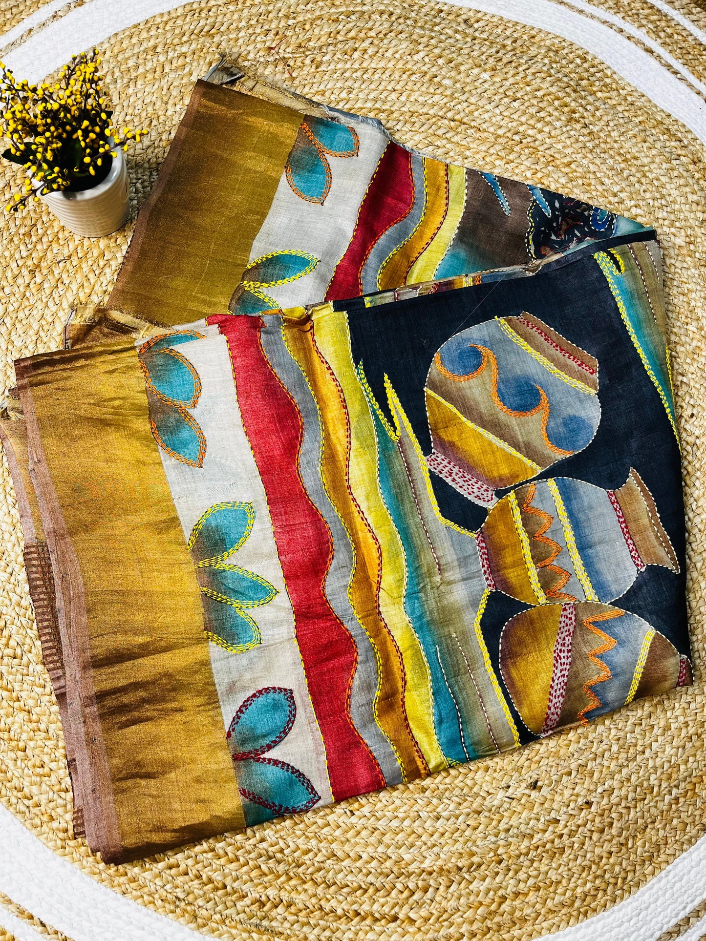 Sold out Pure Tussar Silk Hand-Painted Kantha Saree