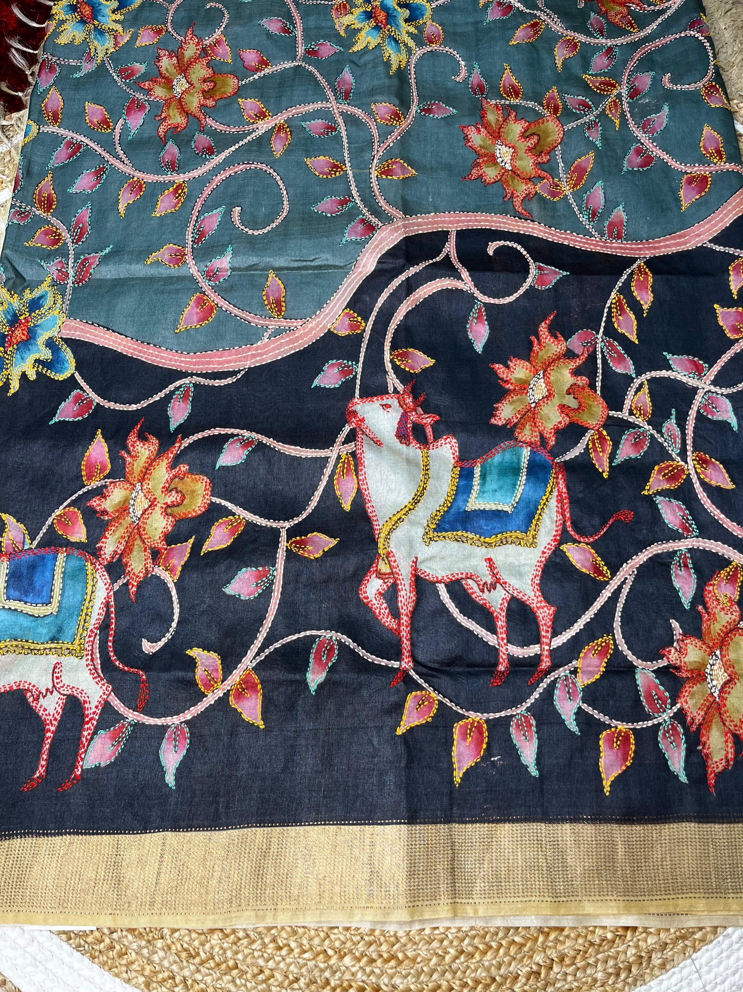 Sold out Pure Tussar Silk Hand-Painted Kalahasti Kalamkari and Kantha Saree-Sold in Bangalore- Sold in Bangalore
