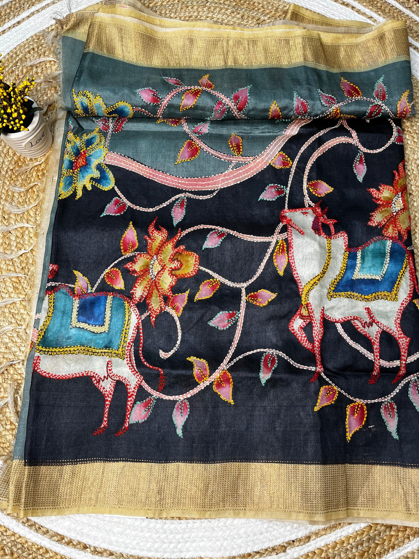 Sold out Pure Tussar Silk Hand-Painted Kalahasti Kalamkari and Kantha Saree-Sold in Bangalore- Sold in Bangalore