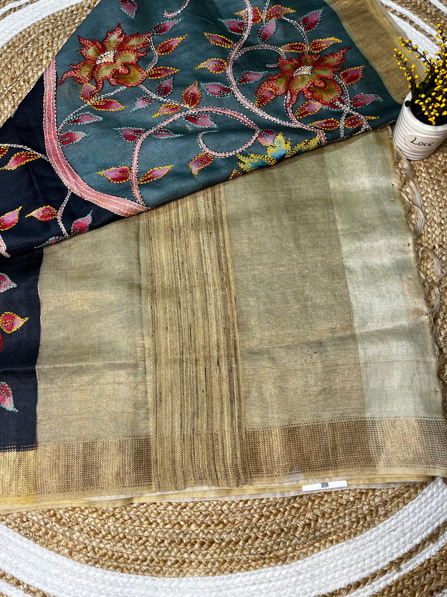 Sold out Pure Tussar Silk Hand-Painted Kalahasti Kalamkari and Kantha Saree-Sold in Bangalore- Sold in Bangalore