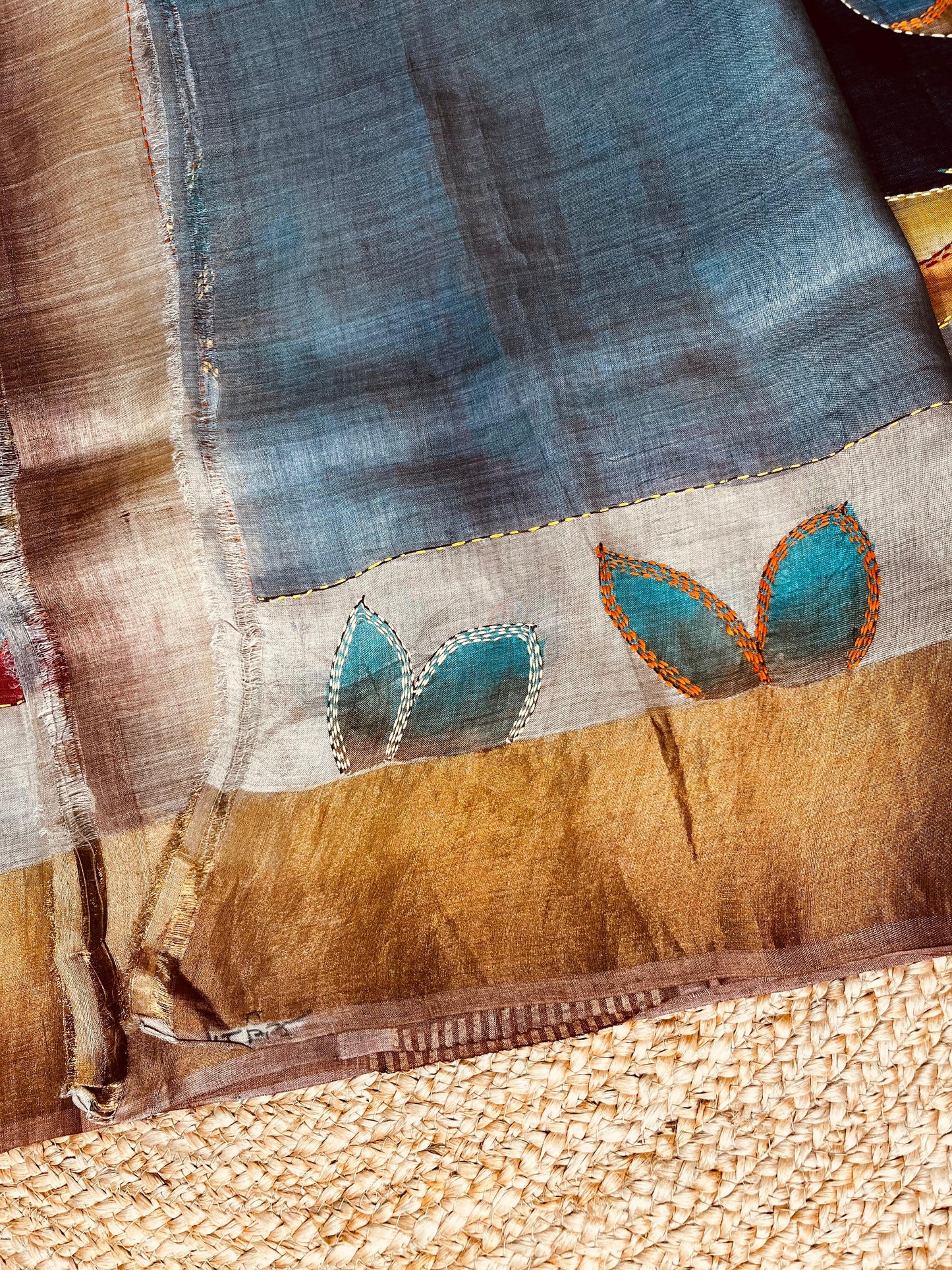 Sold out Pure Tussar Silk Hand-Painted Kantha Saree