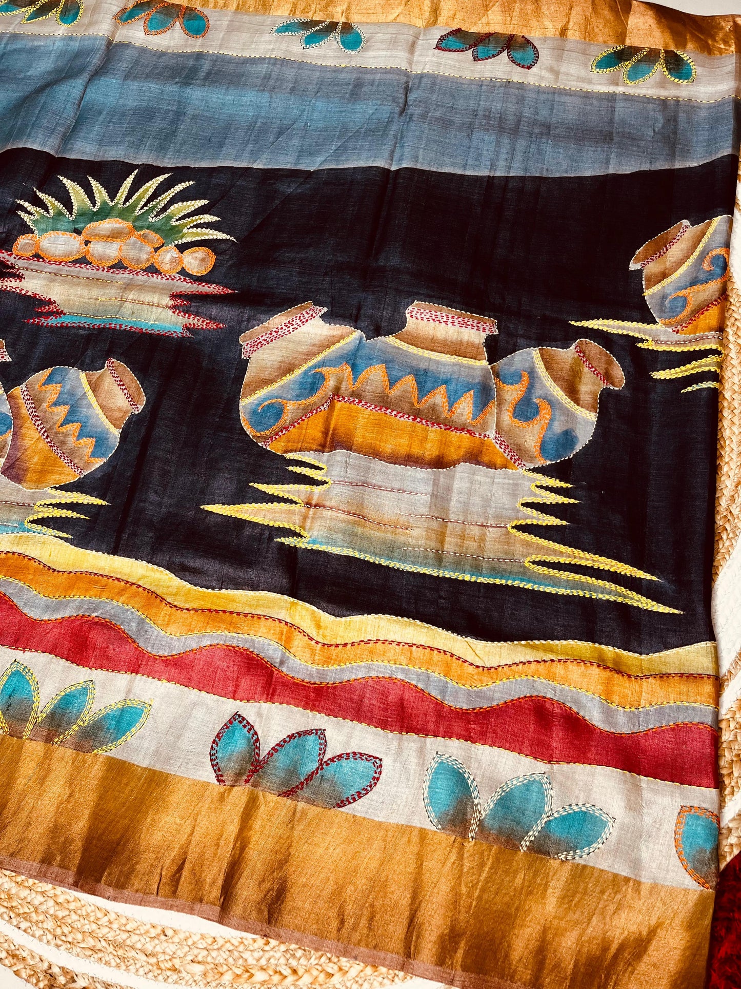 Sold out Pure Tussar Silk Hand-Painted Kantha Saree