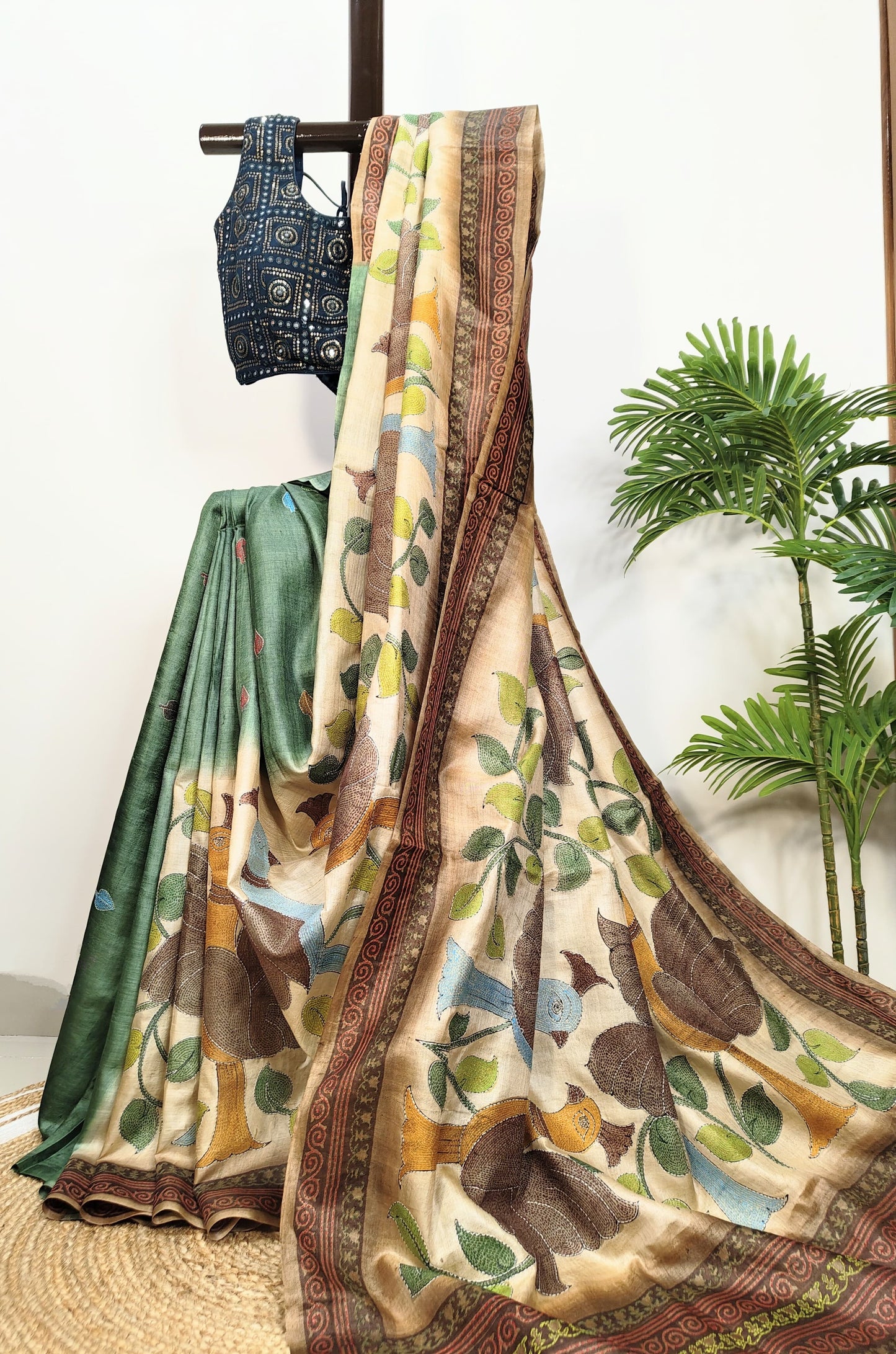 Sold Out Pure Tussar Gachi Silk Kantha Saree– An Artistic Contemporary festive Saree-Sold in Bangalore