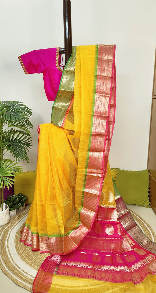 Kota Check Gadwal Semi Silk Saree with Ganga Yamuna Boarder
